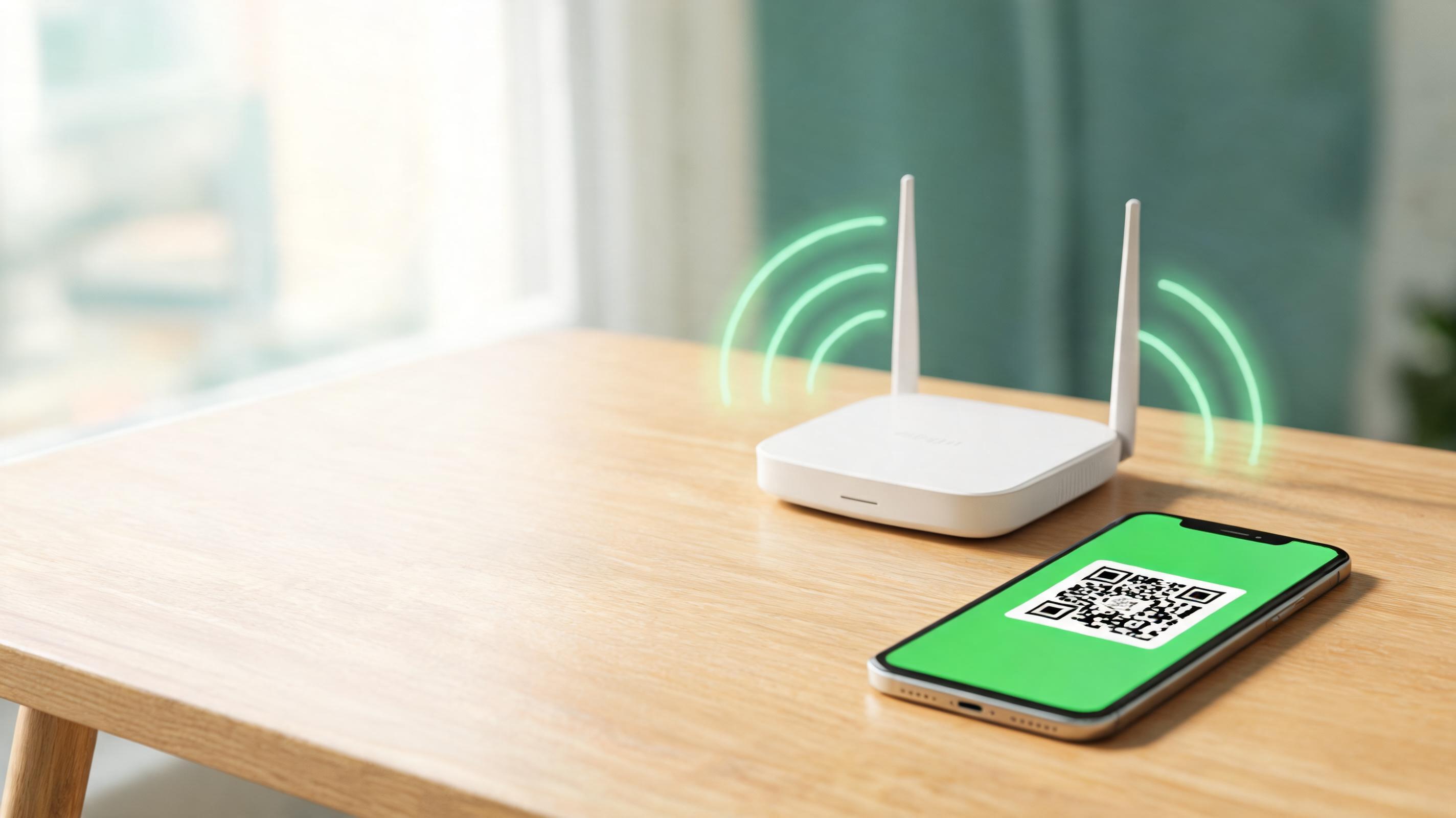 A Wi-Fi router on a desk next to a smartphone showing a voucher code